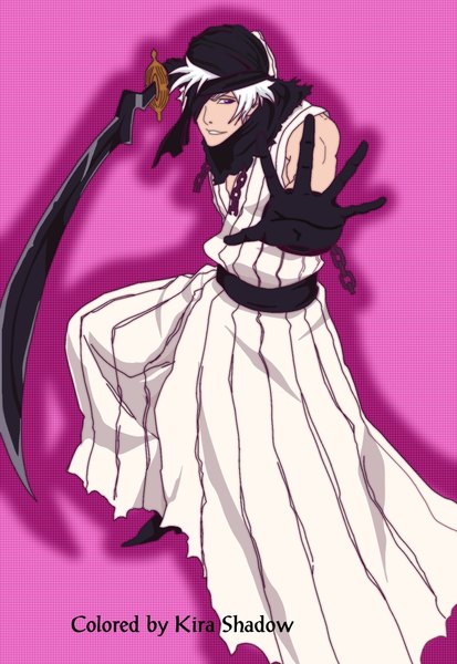 Anime picture 1390x2020 with bleach studio pierrot single tall image highres short hair blonde hair purple eyes white hair boy gloves weapon sword katana chain