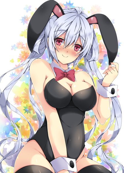 Anime picture 1000x1399 with phantasy star phantasy star online 2 sega matoi (pso2) milkpanda single long hair tall image looking at viewer blush breasts light erotic smile red eyes animal ears silver hair bunny ears floral background girl thighhighs