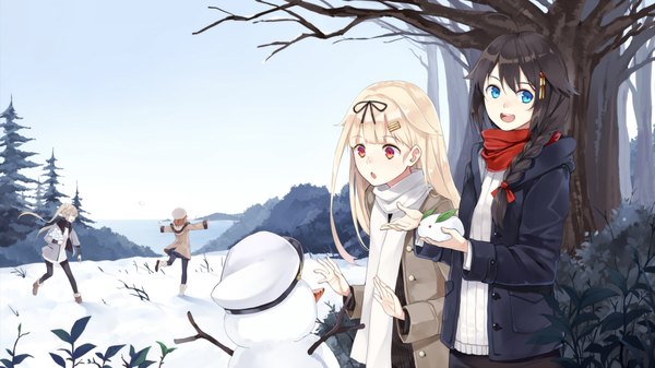 Anime picture 1920x1080 with kantai collection shigure destroyer yuudachi destroyer murasame destroyer shiratsuyu destroyer hao (patinnko) long hair highres open mouth blue eyes black hair blonde hair red eyes wide image multiple girls braid (braids) winter snow bare tree remodel (kantai collection)