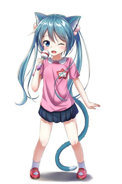Anime picture 800x1200 with vocaloid hatsune miku akira (pixiv15705933) single long hair tall image looking at viewer blush fringe open mouth blue eyes simple background white background twintails holding animal ears tail animal tail pleated skirt one eye closed