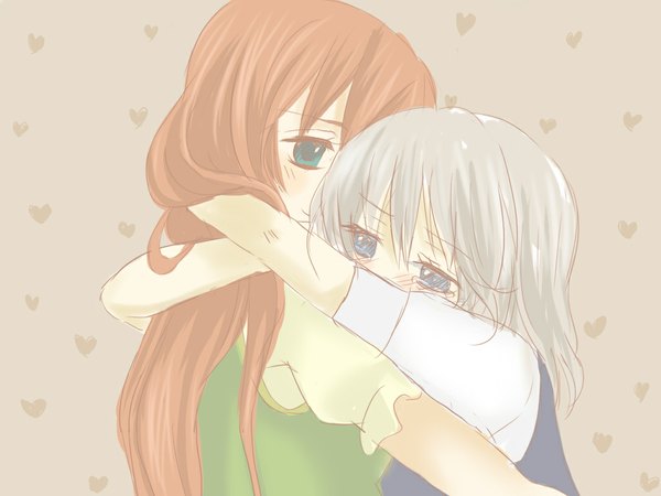 Anime picture 1024x768 with touhou izayoi sakuya hong meiling blue eyes silver hair red hair hug tears girl mitsuko