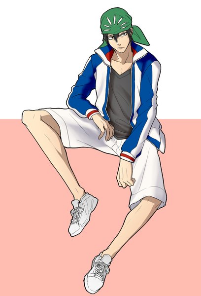 Anime picture 710x1044 with prince of tennis kaido kaoru kuwa ayase single tall image fringe short hair black hair simple background hair between eyes sitting looking away full body open jacket long legs boy uniform jacket gym uniform bandana