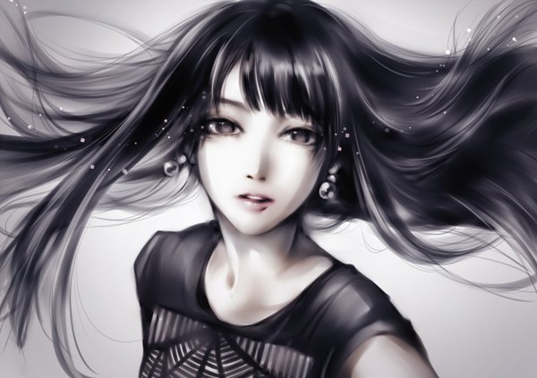 Anime picture 2832x2000 with real life c-ute yajima maimi ohagi (ymnky) single long hair looking at viewer fringe highres open mouth parted lips wind lips teeth grey eyes close-up face girl earrings