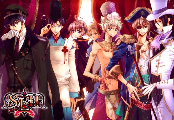 Anime picture 2306x1600 with stray love hearts ichikawa ren kuga reizei cain kumoide kito ninomiya minemitsu yamashina hijiri asukai miki uegaito highres short hair black hair blonde hair brown hair blue hair purple hair green hair group pirate boy gloves