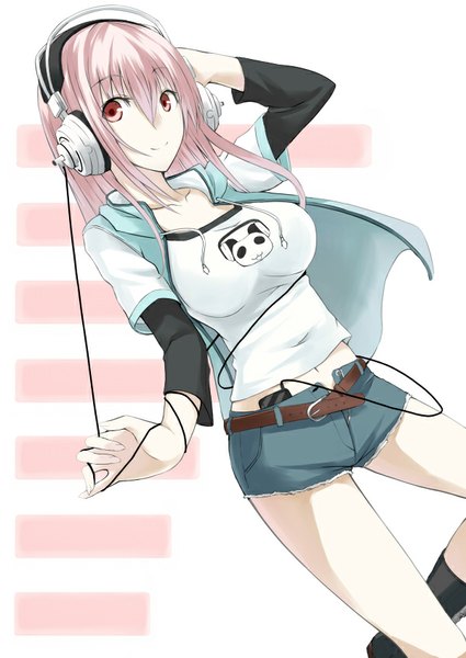 Anime picture 600x847 with nitroplus super sonico kauto single long hair tall image looking at viewer fringe breasts smile red eyes large breasts standing pink hair bent knee (knees) outstretched arm standing on one leg hand on head leg lift (legs lift) casual