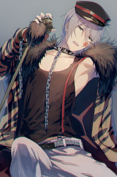 Anime picture 600x906 with idolmaster idolmaster side-m sakaki natsuki map (map imas) single tall image short hair open mouth simple background looking away nail polish grey hair grey background grey eyes alternate costume fur trim boy belt fur chain