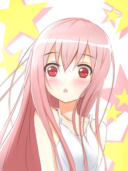 Anime picture 900x1200 with original beta x single long hair tall image looking at viewer blush fringe open mouth simple background red eyes pink hair shiny skin surprised casual girl star (symbol) clothes camisole