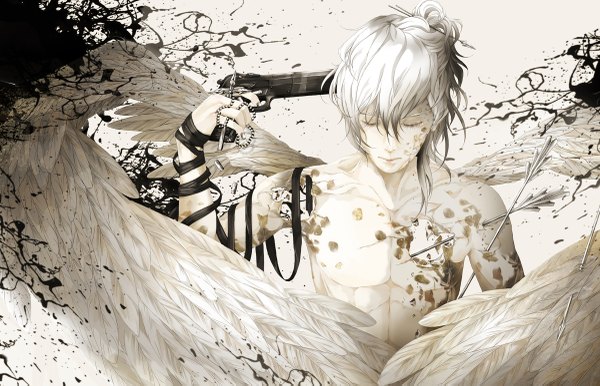 Anime picture 1200x773 with original paw (brtabby) single fringe short hair white hair eyes closed lips white wings angel shirtless suicide boy ribbon (ribbons) weapon wings gun arrow (arrows) shell casing