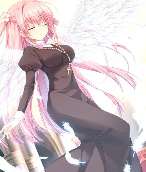 Anime picture 1280x1504 with izayoi no fortuna shiomiya lucia miyasaka miyu single long hair tall image pink hair game cg eyes closed girl dress hair ornament wings feather (feathers) cross beads cross necklace prayer beads rosary