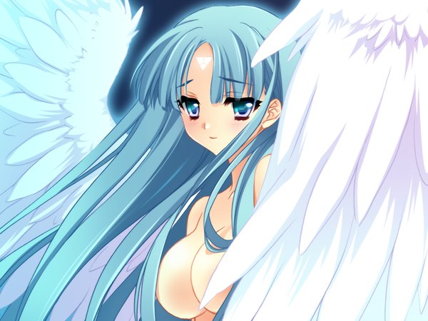 Anime picture 1200x900 with para-sol yatabe noa long hair breasts blue eyes light erotic blue hair game cg girl wings