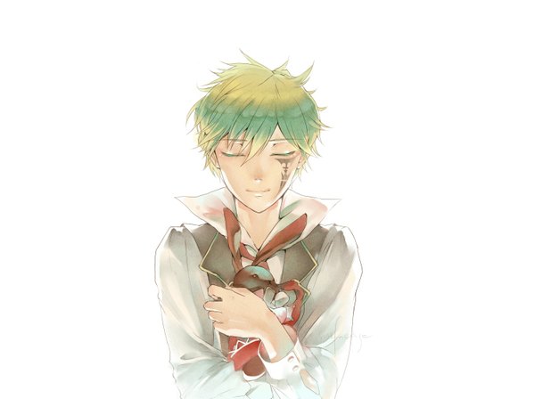 Anime picture 1500x1120 with pandora hearts xebec oz vessalius amazon (artist) single short hair simple background blonde hair white background green hair tattoo hug face paint boy shirt toy stuffed animal vest bunny