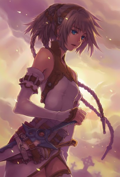 Anime picture 3273x4796 with original book of pictures (artbook) midori foo single long hair tall image highres blue eyes blonde hair bare shoulders absurdres sky braid (braids) parted lips profile wind sunlight scan girl weapon