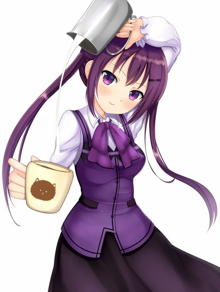 Anime picture 753x1000 with gochuumon wa usagi desu ka? white fox tedeza rize kirimoti34 single long hair tall image looking at viewer blush smile white background twintails purple eyes purple hair girl dress cup milk rabbit house uniform