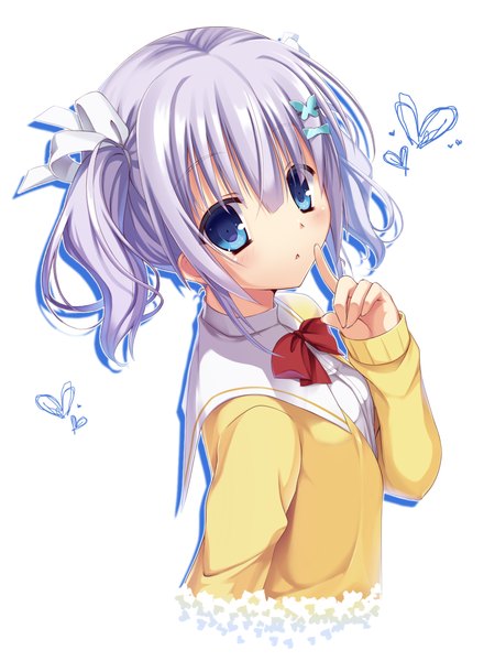 Anime picture 1100x1500 with original yuzu modoki single tall image short hair blue eyes simple background white background twintails purple hair upper body finger to mouth short twintails girl uniform hair ornament ribbon (ribbons) hair ribbon school uniform butterfly hair ornament