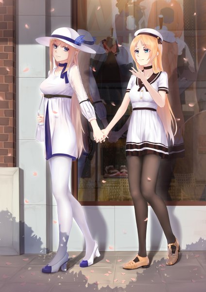 Anime picture 2362x3341 with warship girls r lexington (warship girls r) saratoga (warship girls r) iandrea long hair tall image highres blue eyes blonde hair multiple girls holding hands girl dress 2 girls hat petals pantyhose