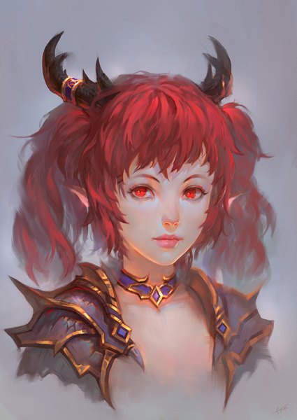 Anime picture 800x1128 with original fom (lifotai) single long hair tall image simple background red eyes twintails signed looking away red hair horn (horns) lips pointy ears grey background girl armor