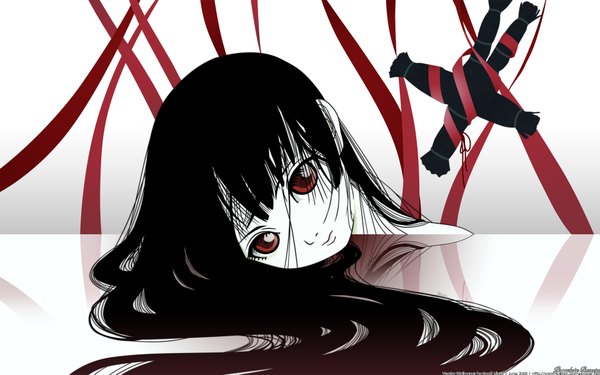 Anime picture 1920x1200 with hell girl studio deen enma ai single long hair highres black hair red eyes wide image white background reflection pale skin polychromatic high contrast girl ribbon (ribbons) doll (dolls)