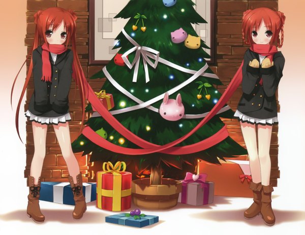 Anime picture 4773x3688 with original kantoku long hair highres red eyes twintails multiple girls absurdres red hair christmas girl ribbon (ribbons) 2 girls scarf gift christmas tree bauble