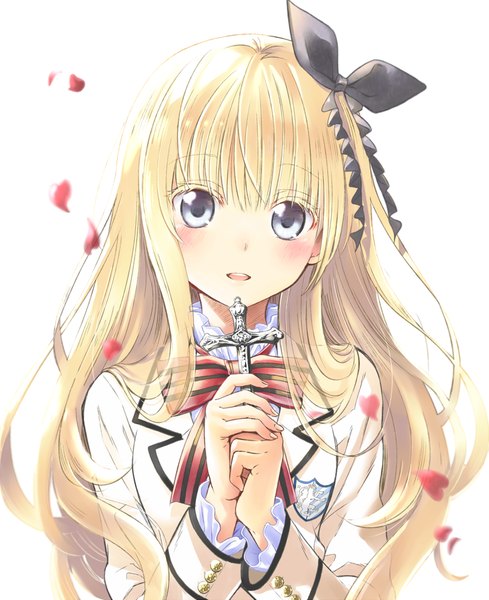 Anime picture 1000x1225 with kishuku gakkou no juliet lidenfilms juliet persia natsupa single long hair tall image looking at viewer blush simple background blonde hair white background holding official art grey eyes girl uniform hair ornament ribbon (ribbons) hair ribbon