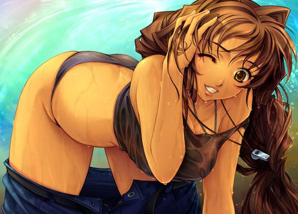 Anime picture 1600x1151 with muv-luv altered fable jinguuji marimo yoko juusuke long hair light erotic brown hair yellow eyes one eye closed wink wet on all fours girl underwear panties whistle