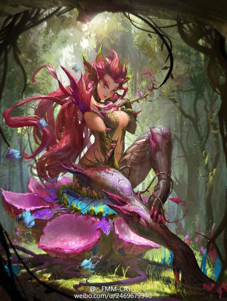 Anime picture 906x1200 with league of legends zyra (league of legends) fxcat (artist) single long hair tall image looking at viewer breasts light erotic green eyes red hair tail light smile lips girl flower (flowers) plant (plants) tree (trees) forest