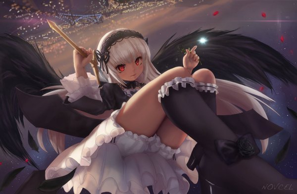 Anime picture 1600x1047 with rozen maiden suigintou novcel single long hair looking at viewer light erotic red eyes white hair lolita fashion goth-loli girl dress weapon petals sword wings socks frills black socks