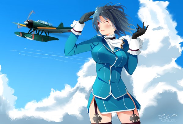 Anime picture 1920x1302 with kantai collection takao heavy cruiser tebi (tbd11) single blush fringe highres short hair breasts open mouth red eyes large breasts standing blue hair sky cloud (clouds) eyes closed wind shadow girl