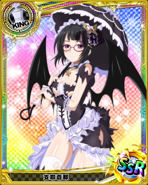 Anime picture 640x800 with highschool dxd sona sitri single tall image looking at viewer short hair light erotic black hair purple eyes torn clothes card (medium) girl thighhighs dress hair ornament white thighhighs wings glasses frills umbrella