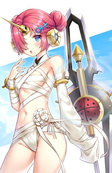 Anime picture 746x1148 with fate (series) fate/grand order frankenstein's monster (fate) frankenstein's monster (swimsuit saber) (fate) gustav cho single tall image looking at viewer blush fringe short hair breasts open mouth blue eyes light erotic pink hair horn (horns) hair over one eye hair bun (hair buns) girl
