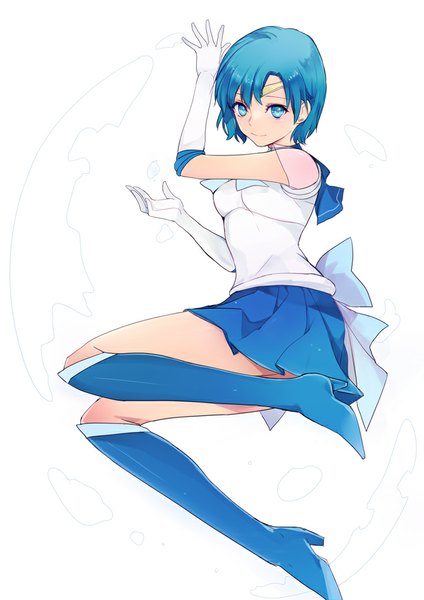 Anime picture 672x950 with bishoujo senshi sailor moon toei animation mizuno ami sailor mercury lpip single tall image looking at viewer short hair blue eyes simple background white background blue hair full body magical girl girl gloves elbow gloves white gloves knee boots