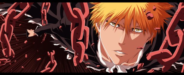 Anime picture 1500x613 with bleach studio pierrot kurosaki ichigo fabiansm single short hair wide image yellow eyes traditional clothes japanese clothes orange hair coloring letterboxed boy weapon sword kimono katana chain