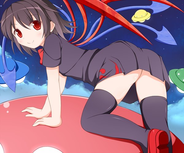 Anime picture 1200x1000 with touhou houjuu nue nikku (ra) short hair black hair smile red eyes looking back girl thighhighs dress black thighhighs wings spacecraft ufo flying saucer