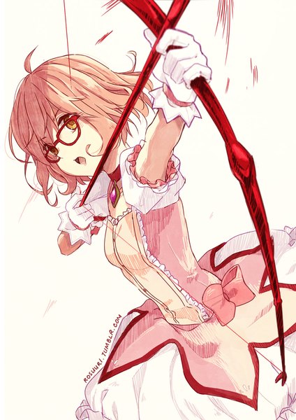 Anime picture 800x1131 with mahou shoujo madoka magica kyoukai no kanata shaft (studio) kyoto animation kuriyama mirai rosuuri single tall image short hair breasts open mouth brown hair white background pink hair ahoge short sleeves looking up kaname madoka (cosplay) girl dress