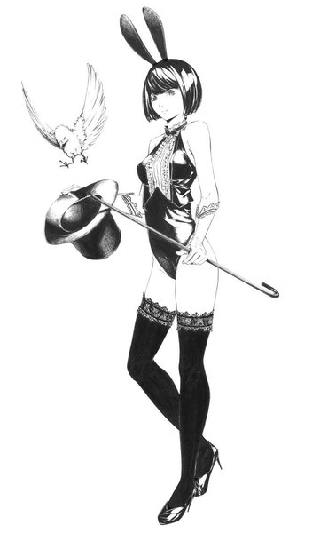 Anime picture 700x1134 with original sousou (sousouworks) single tall image fringe short hair breasts light erotic simple background standing white background holding animal ears full body lips black eyes bunny ears monochrome flying bob cut