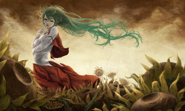 Anime picture 2000x1200 with touhou kazami yuuka akaikitsune single long hair fringe highres red eyes wide image traditional clothes wind lips aqua hair finger to mouth weightlessness girl flower (flowers) sunflower