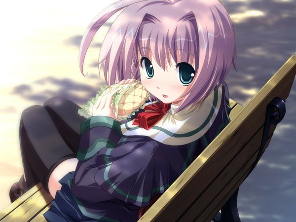 Anime picture 1600x1200 with shirogane no soleil skyfish (studio) kurushima shiho tsurugi hagane single looking at viewer short hair sitting green eyes pink hair game cg looking back from above girl thighhighs black thighhighs food bench bread melon bread