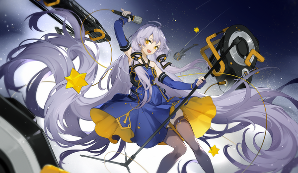 Anime picture 1200x699 with vocaloid xingchen nine (liuyuhao1992) single looking at viewer open mouth wide image bare shoulders yellow eyes silver hair very long hair :d arm up floating hair tress ribbon girl thighhighs dress gloves ribbon (ribbons)