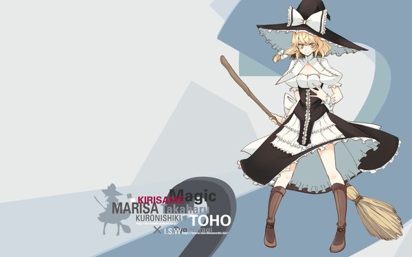 Anime picture 1920x1200 with touhou kirisame marisa takaharu single highres short hair blonde hair smile wide image standing yellow eyes full body alternate costume wallpaper character names hand on hip cleavage cutout girl dress hat