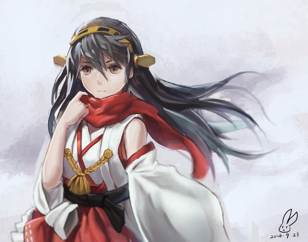 Anime picture 1300x1026 with kantai collection haruna battleship kirigaku luo single long hair brown eyes signed looking away traditional clothes japanese clothes wind grey hair nontraditional miko girl skirt miniskirt headdress scarf red scarf