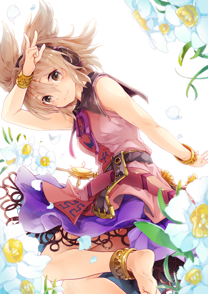 Anime picture 566x800 with touhou toyosatomimi no miko makuwauri single tall image looking at viewer fringe short hair smile hair between eyes brown hair brown eyes bent knee (knees) barefoot leaning leaning forward sleeveless victory girl flower (flowers)