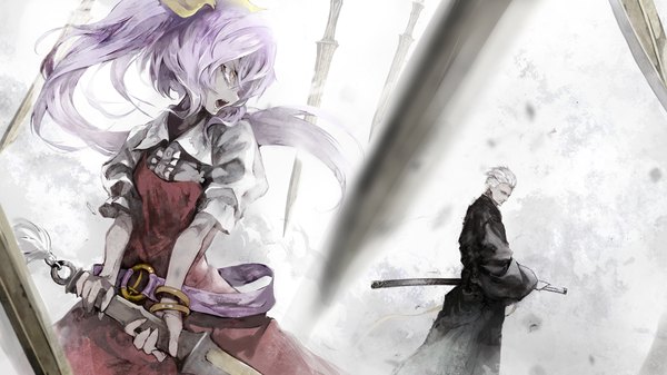Anime picture 1920x1080 with devil may cry touhou watatsuki no yorihime vergil banpai akira long hair highres short hair open mouth wide image yellow eyes purple hair white hair ponytail traditional clothes japanese clothes wallpaper girl dress boy