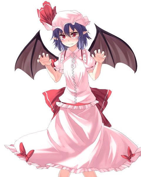 Anime picture 1200x1500 with touhou remilia scarlet ibuki notsu single tall image blush short hair simple background red eyes white background purple hair pointy ears tears bat wings girl dress skirt wings bonnet skirt set