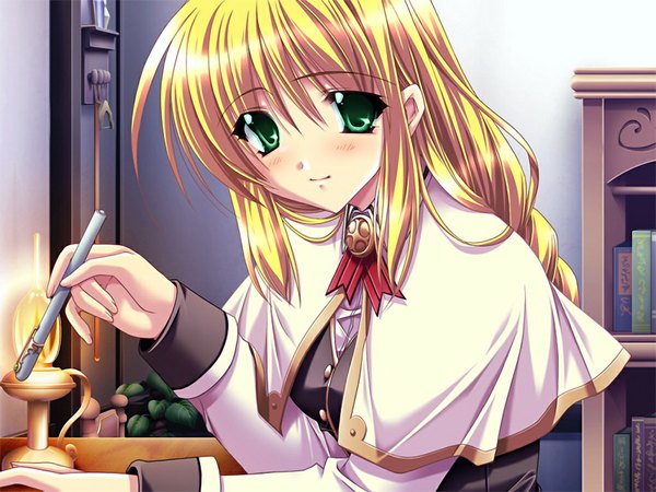 Anime picture 1024x768 with puri saga! jessica ortiz ryuuga shou blonde hair green eyes game cg girl