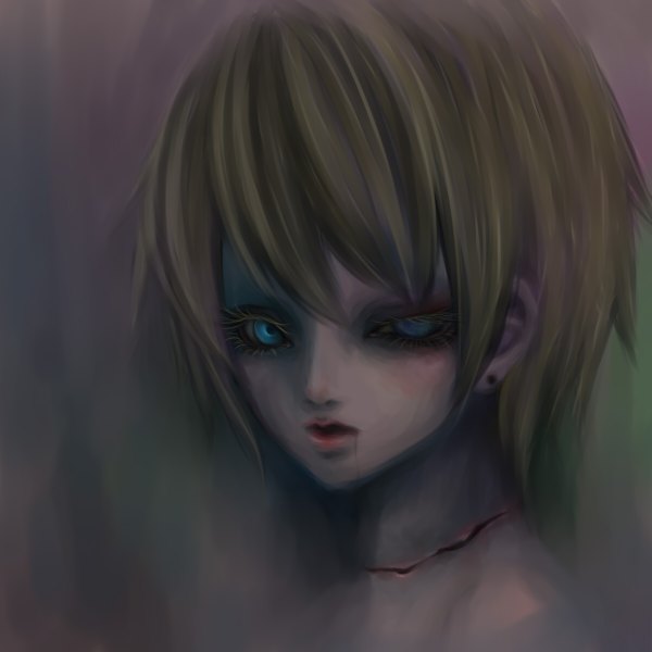 Anime picture 1200x1200 with original tumiki single looking at viewer short hair blue eyes blonde hair scar face girl
