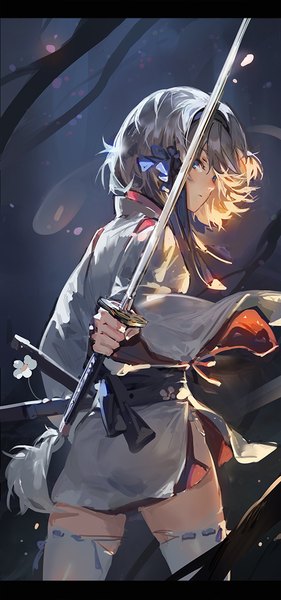 Anime picture 507x1080 with touhou konpaku youmu myon kishiyo single tall image looking at viewer blue eyes standing holding silver hair traditional clothes japanese clothes profile looking back from behind zettai ryouiki outstretched arm letterboxed ghost