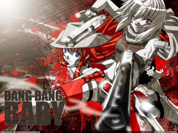 Anime picture 1600x1200 with bakuretsu tenshi jo (bakuretsu tenshi) meg (bakuretsu tenshi) kalicodreamz looking at viewer fringe short hair blue eyes hair between eyes red eyes multiple girls holding signed white hair red hair one eye closed third-party edit dual wielding polychromatic casing ejection