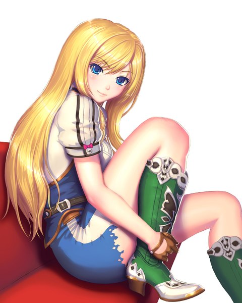 Anime picture 1200x1500 with original fistful single long hair tall image blue eyes simple background blonde hair white background sitting legs girl dress boots