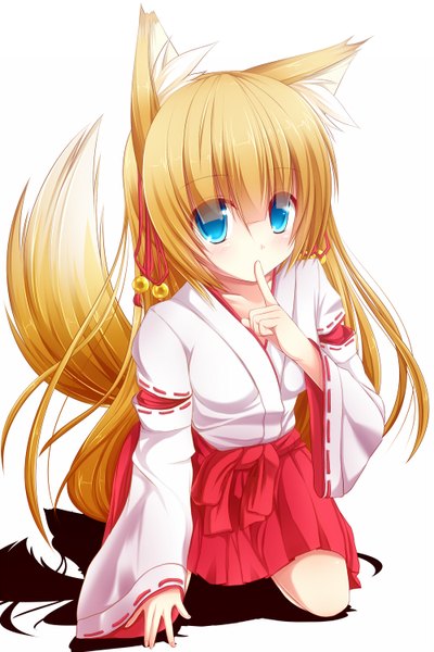 Anime picture 1000x1500 with original syroh long hair tall image blue eyes blonde hair japanese clothes fox ears finger to mouth fox tail fox girl girl