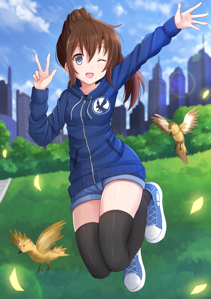 Anime picture 2893x4092 with original kazenokaze single long hair tall image looking at viewer fringe highres open mouth brown hair bent knee (knees) ponytail one eye closed wink grey eyes lens flare city jumping girl plant (plants)
