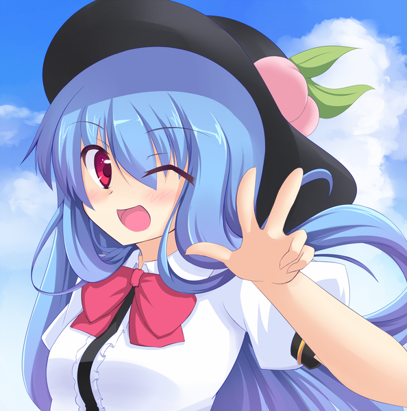 Anime picture 1500x1517 with touhou hinanawi tenshi kazami chiu single long hair tall image blush open mouth red eyes blue hair one eye closed wink girl hat bowtie